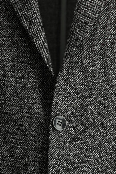 Siyah Slim Fit Dar Kesim Desenli Keten Karışımlı Ceket