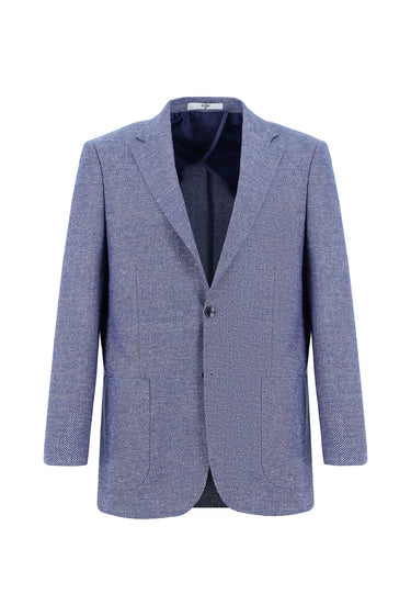 Koyu Mavi  Relaxed Fit Rahat Kesim Desenli Keten Karışımlı Ceket