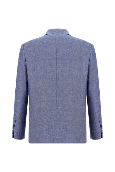 Koyu Mavi  Relaxed Fit Rahat Kesim Desenli Keten Karışımlı Ceket
