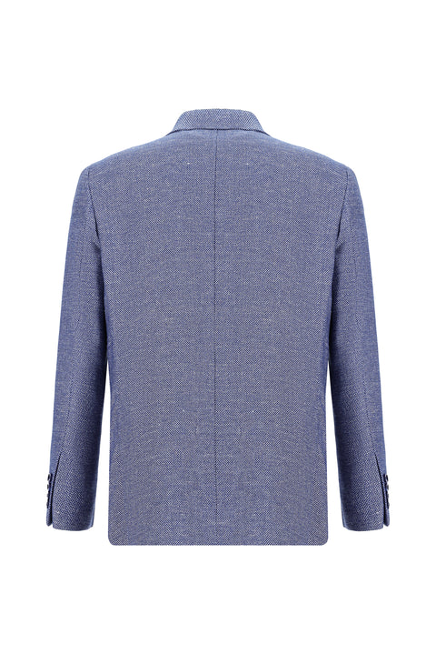 Koyu Mavi  4 Drop Relaxed Fit Rahat Kesim Desenli Keten Karışımlı Ceket