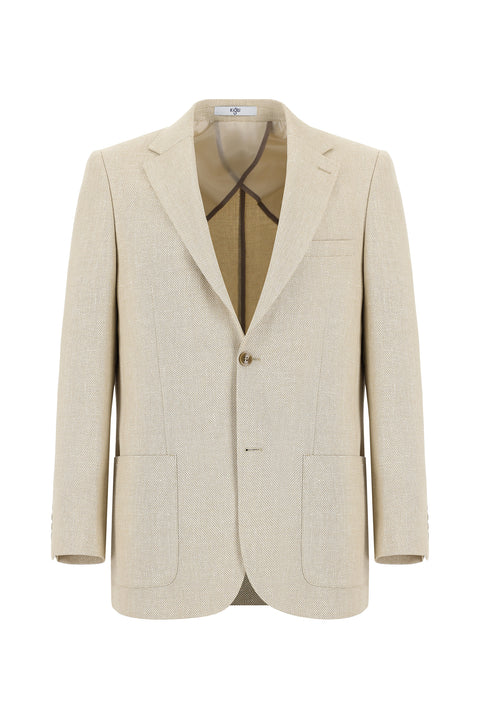 Açık Bej 4 Drop Relaxed Fit Rahat Kesim Desenli Keten Karışımlı Ceket