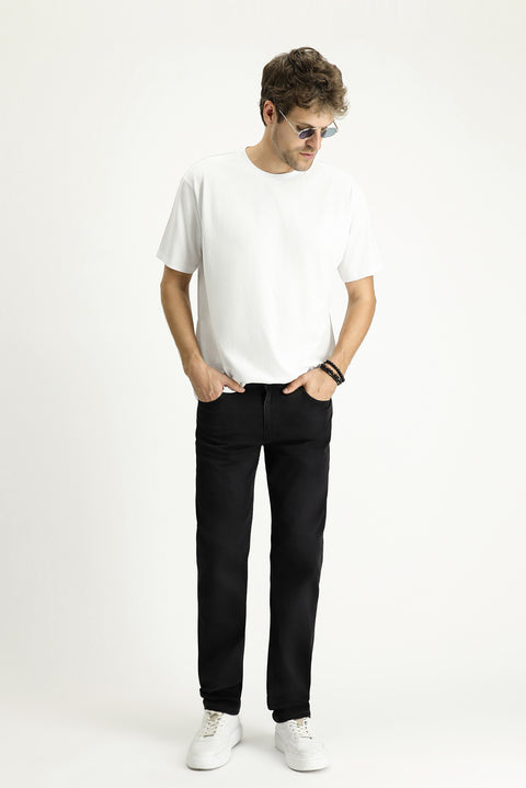 Black Relaxed Fit Lycra Denim Look Trousers