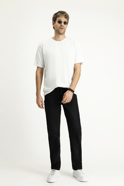 Black Regular Fit Standard Cut Lycra Denim Look Trousers