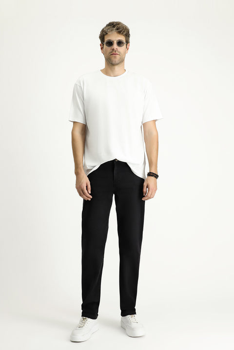 Black Relaxed Fit Lycra Denim Look Trousers