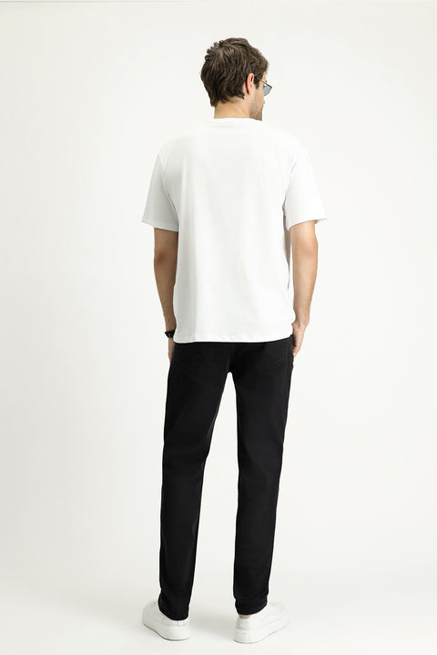 Black Regular Fit Standard Cut Lycra Denim Look Trousers