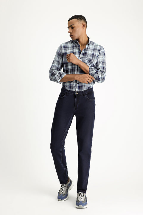 Dark Navy Regular Fit Standard Cut Lycra Denim Look Trousers