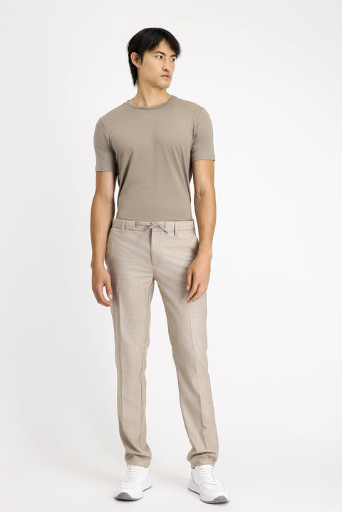 Açık Vizon 7 Drop Slim Fit Dar Kesim Desenli Beli Lastikli İpli Likralı Klasik Kumaş Pantolon