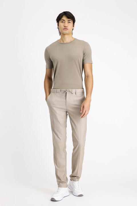 Açık Vizon 7 Drop Slim Fit Dar Kesim Desenli Beli Lastikli İpli Likralı Klasik Kumaş Pantolon