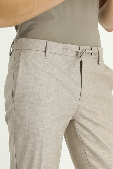 Açık Vizon Slim Fit Dar Kesim Desenli Beli Lastikli İpli Likralı Klasik Kumaş Pantolon