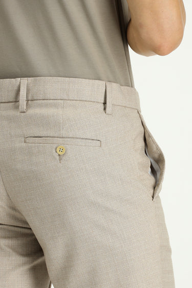 Açık Vizon Slim Fit Dar Kesim Desenli Beli Lastikli İpli Likralı Klasik Kumaş Pantolon