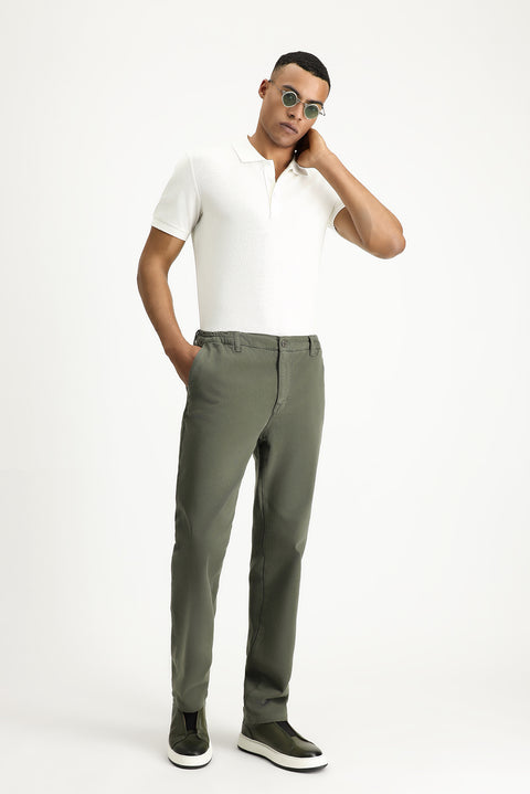 Orta Haki Regular Fit Standart Kesim Beli Lastikli Likralı Kanvas / Chino Pantolon