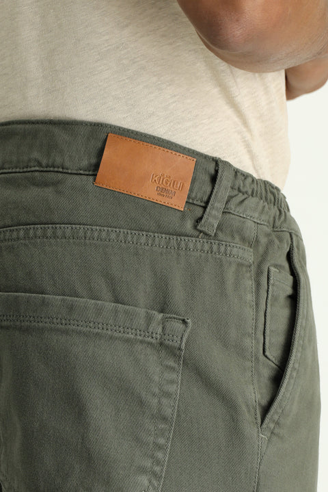 Orta Haki Regular Fit Standart Kesim Beli Lastikli Likralı Kanvas / Chino Pantolon