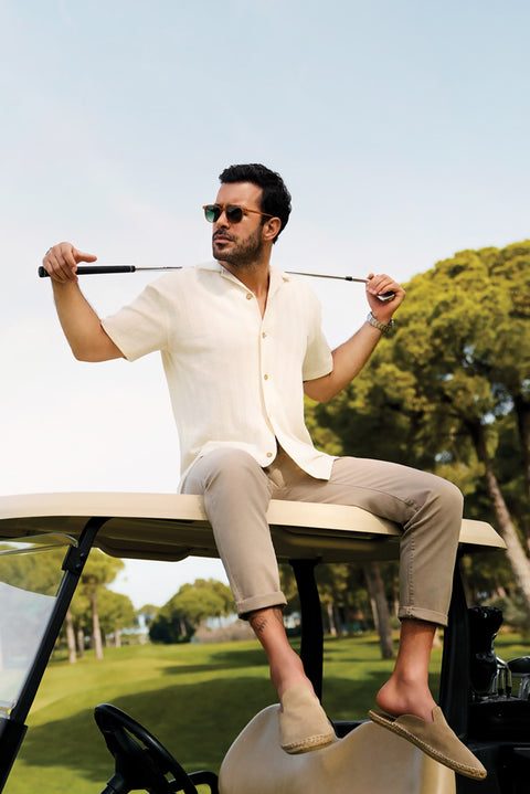 Orta Bej 6 Drop Regular Fit Standart Kesim Beli Lastikli Likralı Kanvas / Chino Pantolon