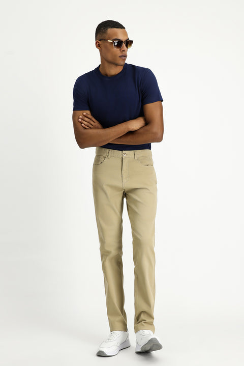 Mid-Beige Regular Fit Standard Cut Stretch Canvas / Chino Trousers