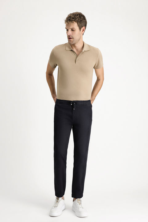 Koyu Lacivert 6 Drop Regular Fit Standart Kesim Likralı Beli Lastikli İpli Pantolon