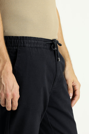 Koyu Lacivert Regular Fit Likralı Beli Lastikli İpli Pantolon