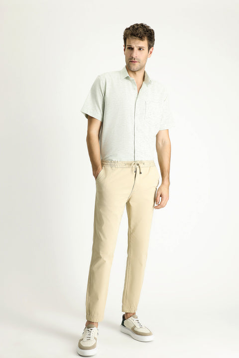 Açık Bej 6 Drop Regular Fit Standart Kesim Likralı Beli Lastikli İpli Pantolon