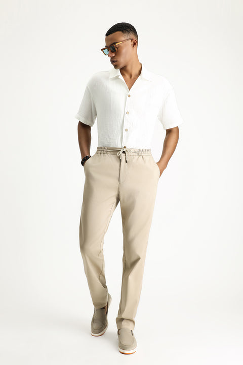 Orta Bej 7 Drop Slim Fit Dar Kesim Beli Lastikli İpli Likralı Jogger Pantolon