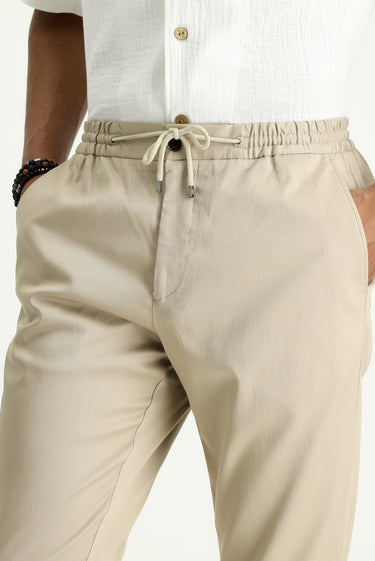  Orta Bej Slim Fit Dar Kesim Beli Lastikli İpli Likralı Pantolon