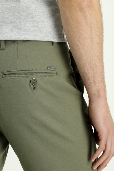 Medium Khaki Relaxed Fit Patterned Lycra Canvas / Chino Trousers