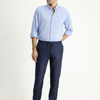 Mid Navy Regular Fit Standard Cut Elasticated Waist Drawstring Linen Blend Trousers
