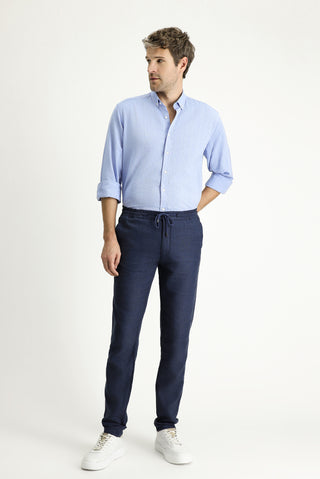  Orta Lacivert 6 Drop Regular Fit Standart Kesim Beli Lastikli İpli Keten Karışımlı Pantolon