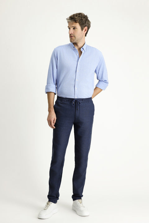 Mid Navy Regular Fit Standard Cut Elasticated Waist Drawstring Linen Blend Trousers