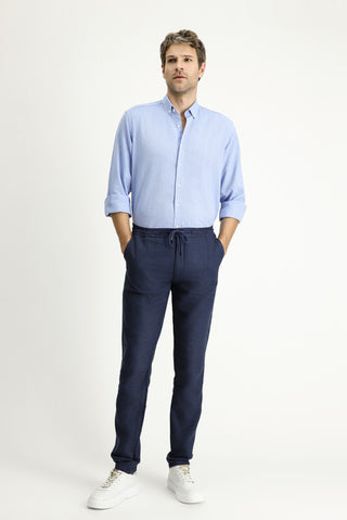  Orta Lacivert 6 Drop Regular Fit Standart Kesim Beli Lastikli İpli Keten Karışımlı Pantolon