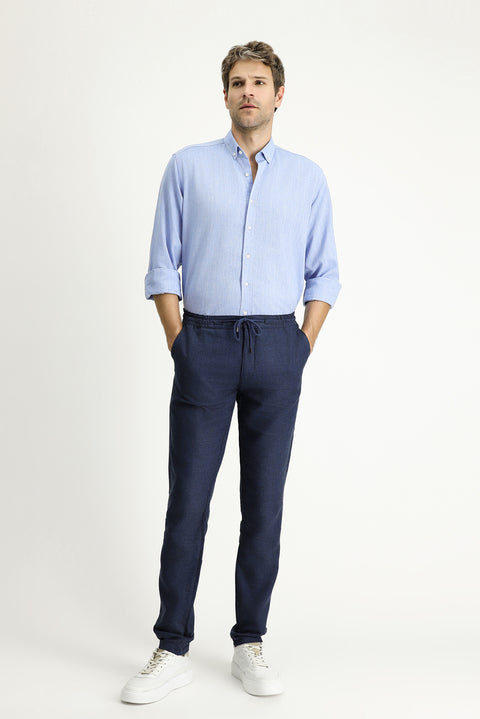 Medium Navy 6 Drop Regular Fit Linen Chino/Canvas Trousers with Drawstring Waist