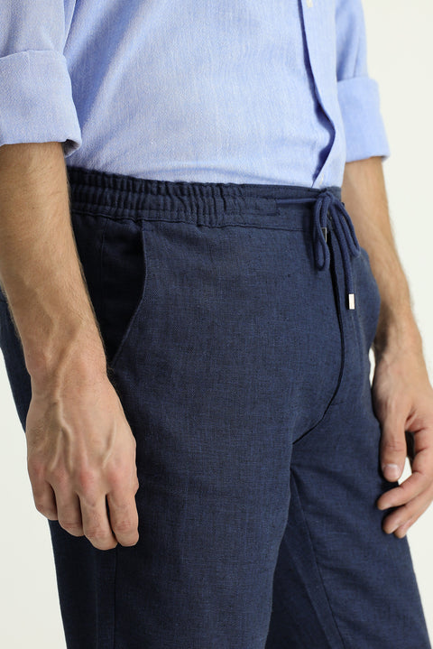Medium Navy 6 Drop Regular Fit Linen Chino/Canvas Trousers with Drawstring Waist