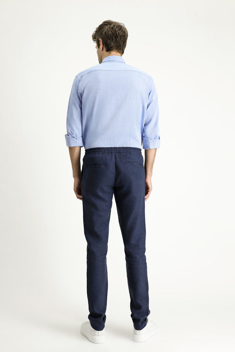 Mid Navy Regular Fit Standard Cut Elasticated Waist Drawstring Linen Blend Trousers