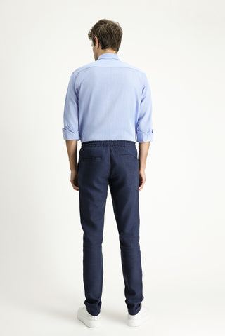  Orta Lacivert 6 Drop Regular Fit Standart Kesim Beli Lastikli İpli Keten Karışımlı Pantolon