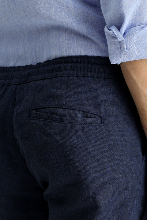 Mid Navy Regular Fit Standard Cut Elasticated Waist Drawstring Linen Blend Trousers