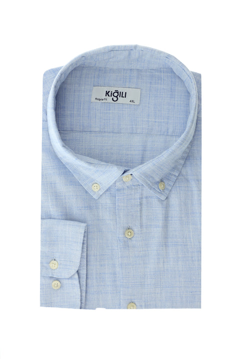 Gök Mavisi Büyük Beden Uzun Kol Desenli Pamuk Düğmeli Yaka Gömlek