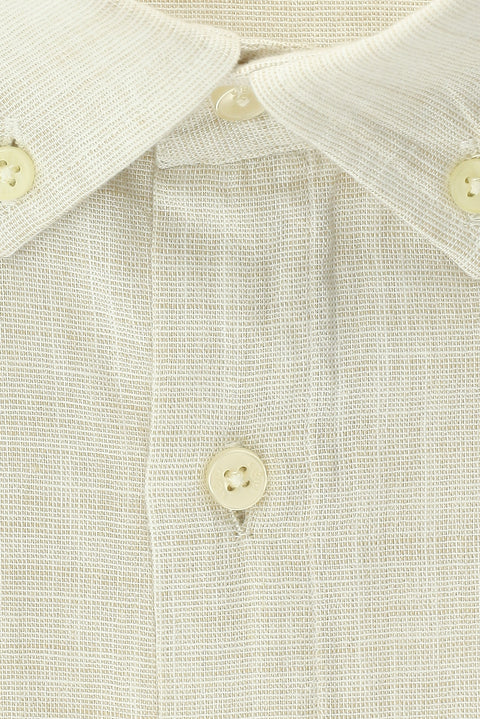 Açık Bej Büyük Beden Uzun Kol Desenli Pamuk Düğmeli Yaka Gömlek