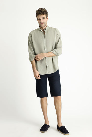 Fıstık Yeşili Uzun Kol Regular Fit Desenli Spor Pamuk Düğmeli Yaka Gömlek