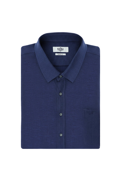 Açık Lacivert Büyük Beden Uzun Kol Desenli Cepli Pamuklu Keten Görünümlü Şantuk Gömlek