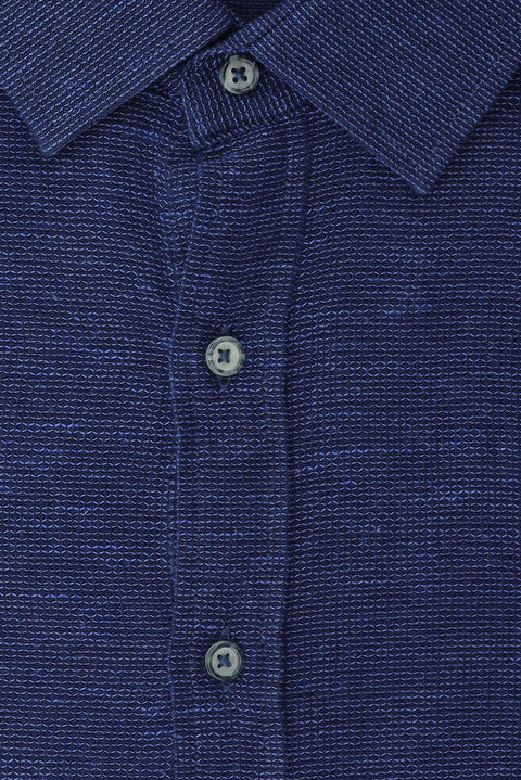 Açık Lacivert Büyük Beden Uzun Kol Desenli Cepli Pamuklu Keten Görünümlü Şantuk Gömlek