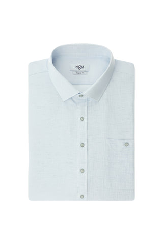  Açık Mavi Büyük Beden Uzun Kol Desenli Cepli Pamuklu Keten Görünümlü Şantuk Gömlek