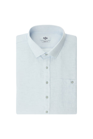 Açık Mavi Büyük Beden Uzun Kol Desenli Cepli Pamuklu Keten Görünümlü Şantuk Gömlek