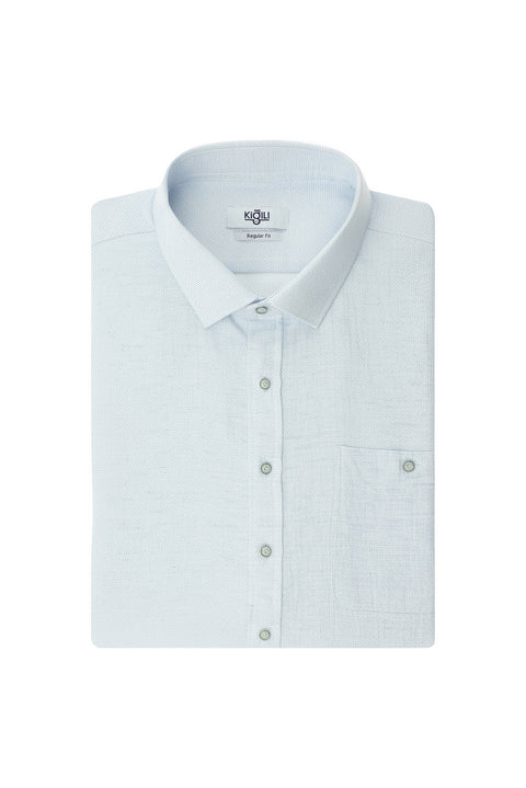 Açık Mavi Büyük Beden Uzun Kol Desenli Cepli Pamuklu Keten Görünümlü Şantuk Gömlek