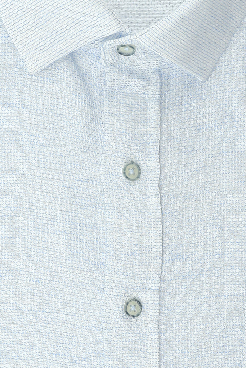 Açık Mavi Büyük Beden Uzun Kol Desenli Cepli Pamuklu Keten Görünümlü Şantuk Gömlek