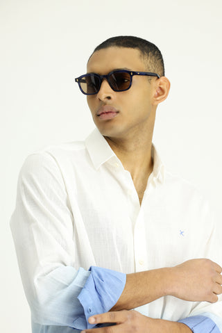  Mavi Uzun Kol Regular Fit Spor Desenli Düğmeli Yaka Keten Görünümlü Pamuk Gömlek