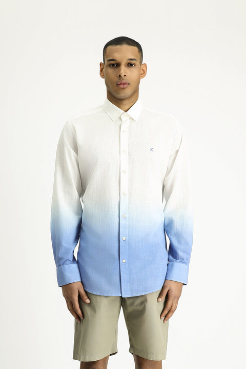 Mavi Uzun Kol Regular Fit Spor Desenli Düğmeli Yaka Keten Görünümlü Pamuk Gömlek