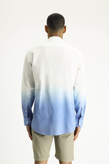 Mavi Uzun Kol Regular Fit Spor Desenli Düğmeli Yaka Keten Görünümlü Pamuk Gömlek