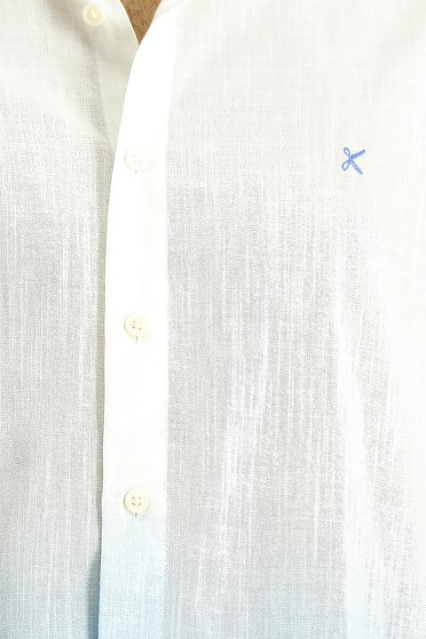 Mavi Uzun Kol Regular Fit Spor Desenli Düğmeli Yaka Keten Görünümlü Pamuk Gömlek