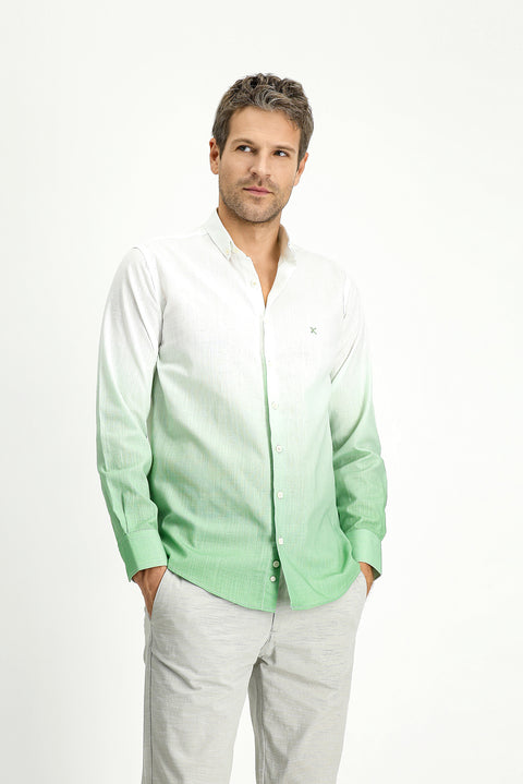 Çağla Yeşili Uzun Kol Regular Fit Spor Desenli Düğmeli Yaka Keten Görünümlü Pamuk Gömlek