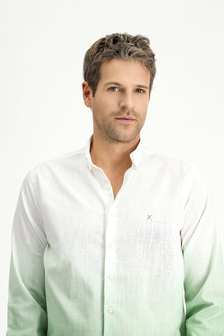  Çağla Yeşili Uzun Kol Regular Fit Spor Desenli Düğmeli Yaka Keten Görünümlü Pamuk Gömlek