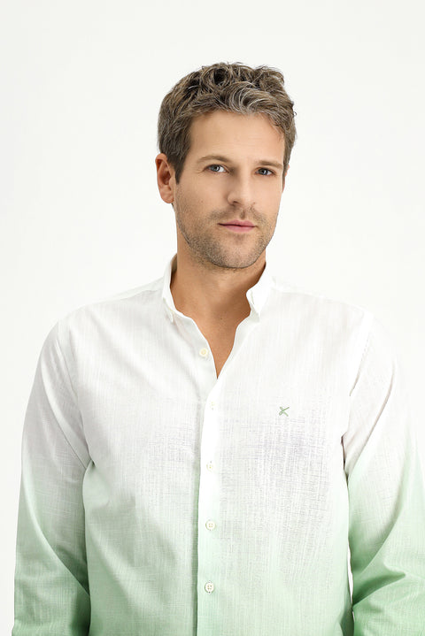 Çağla Yeşili Uzun Kol Regular Fit Spor Desenli Düğmeli Yaka Keten Görünümlü Pamuk Gömlek