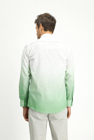  Çağla Yeşili Uzun Kol Regular Fit Spor Desenli Düğmeli Yaka Keten Görünümlü Pamuk Gömlek